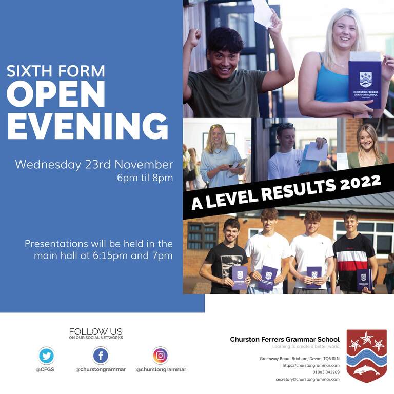 Churston Ferrers Grammar School Sixth Form Open Evening 2022 Wednesday 23rd November 6pm til 8pm