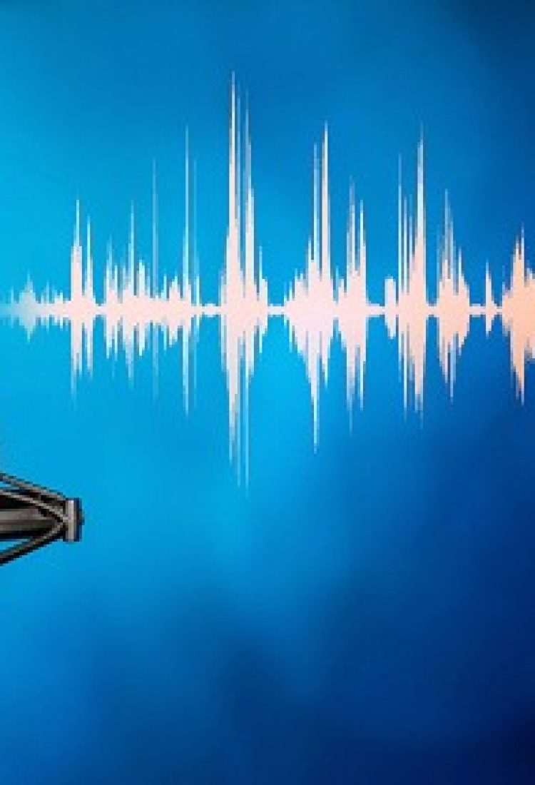 Professional studio microphone on blue background with orange audio waveform, Podcasting, broadcasting or recording studio banner